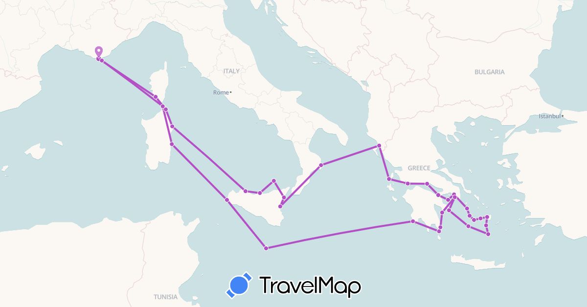 TravelMap itinerary: driving, train in Albania, France, Greece, Italy, Malta (Europe)